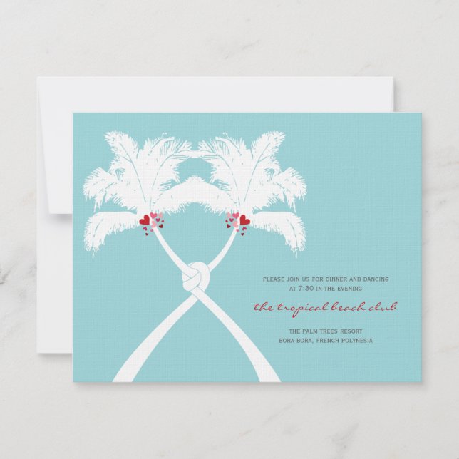 Knotted Palm Trees Hearts Beach Wedding Empfang Einladung (Vorderseite)