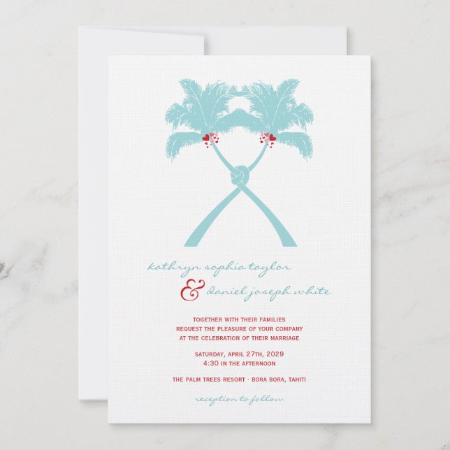 Knotted Palm Trees Hearts Tropical Beach Hochzeit Einladung (Vorderseite)