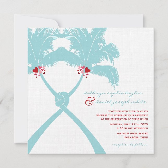 Knotted Palm Trees Hearts Tropical Beach Hochzeit Einladung (Vorderseite)