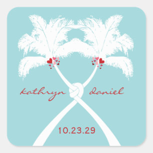 Knotted Palm Trees Hearts Tropical Beach Hochzeit Quadratischer Aufkleber