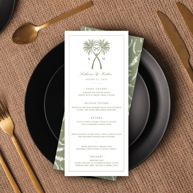 Knottierte Palmen Moderne klassische tropische Hoc Menükarte (Knotted Palm Trees Monogram Tropical Destination Wedding Menu Card @ fatfatin_blue_knot)