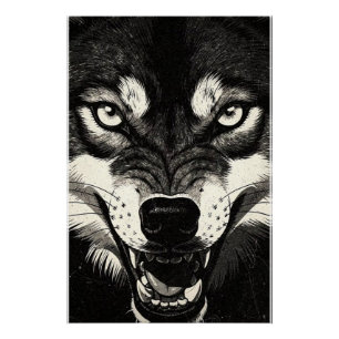 Knurrender Wolf 50er Schwarz-Weiß-Grafikstil Poster