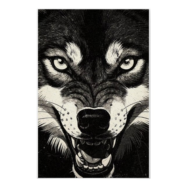 Knurrender Wolf 50er Schwarz-Weiß-Grafikstil  Poster (Vorderseite)