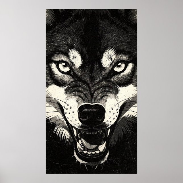 Knurrender Wolf 50er Schwarz-Weiß-Grafikstil  Poster (Vorne)