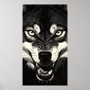 Knurrender Wolf 50er Schwarz-Weiß-Grafikstil Poster