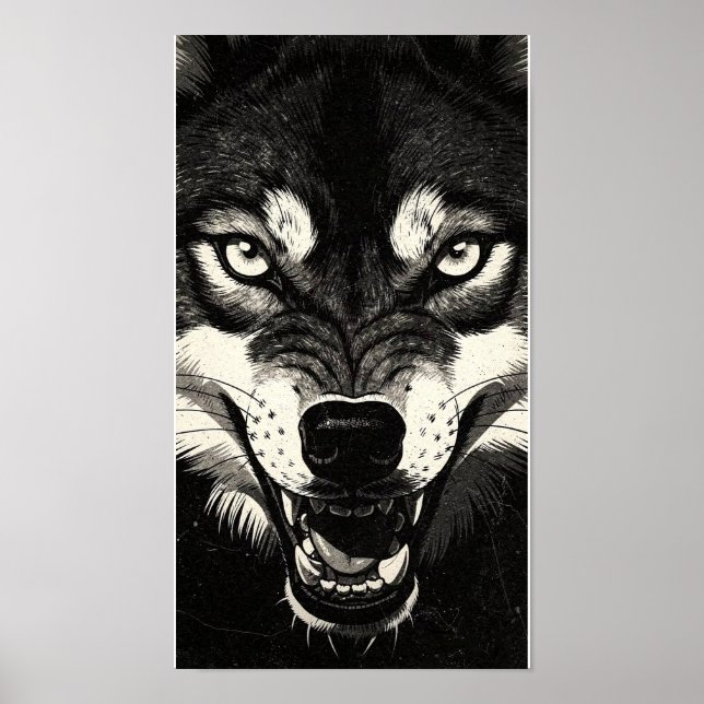 Knurrender Wolf 50er Schwarz-Weiß-Grafikstil  Poster (Vorne)