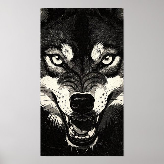 Knurrender Wolf 50er Schwarz-Weiß-Grafikstil  Poster (Vorne)