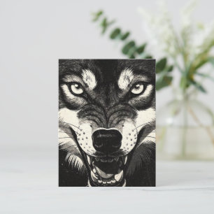 Knurrender Wolf BW-Grafik im Stil der 50er Jahre Postkarte