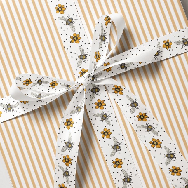 Knusprige Weißbuzzing Bees & Cosmos Blume blüht Ripsband (Pretty Floral Insect Bee Ribbon. Hand Drawn Honeybees and Yellow Flowers with Black Polka Dots. )
