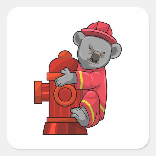 Koala als Feuerwehrmann mit Hydranten Quadratischer Aufkleber (Vorderseite)