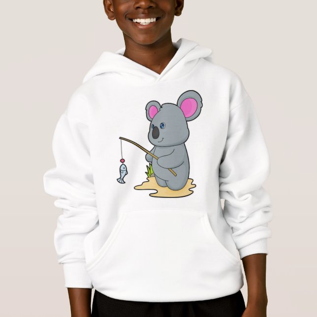 Koala als Fisher mit Angelstab und Fisch Hoodie (Vorderseite)