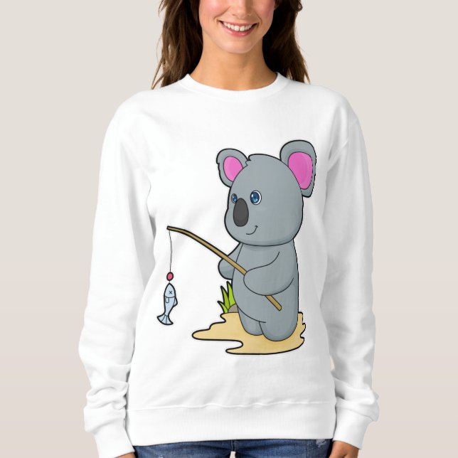 Koala als Fisher mit Angelstab und Fisch Sweatshirt (Vorderseite)