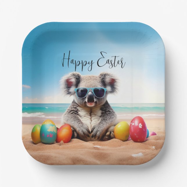 Koala am Strand mit Ostereiern Happy Oaster Pappteller (Vorderseite)