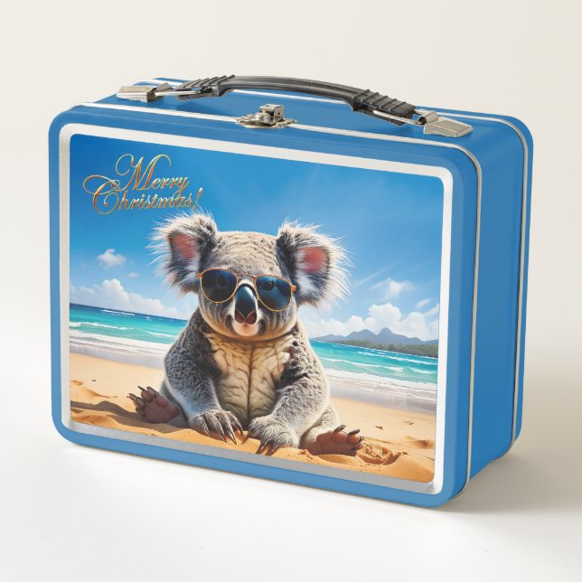 Koala an einem Sandstrand Frohe Weihnachten Metall Brotdose (Vorderseite)