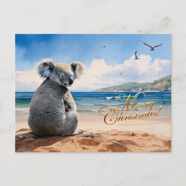 Koala an einem Sandstrand Frohe Weihnachten Postkarte (Vorderseite)