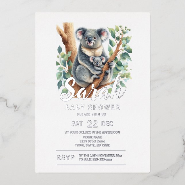 Koala Baby Shower Folieneinladung (Vorderseite)