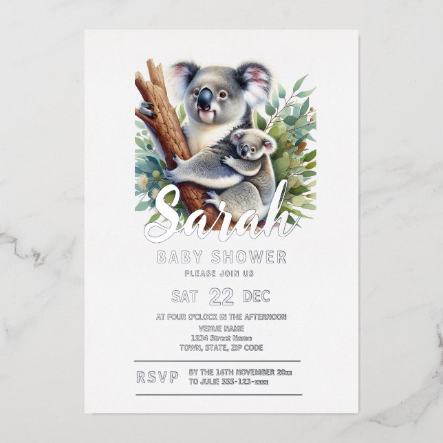 Koala Baby Shower Folieneinladung (Vorderseite)