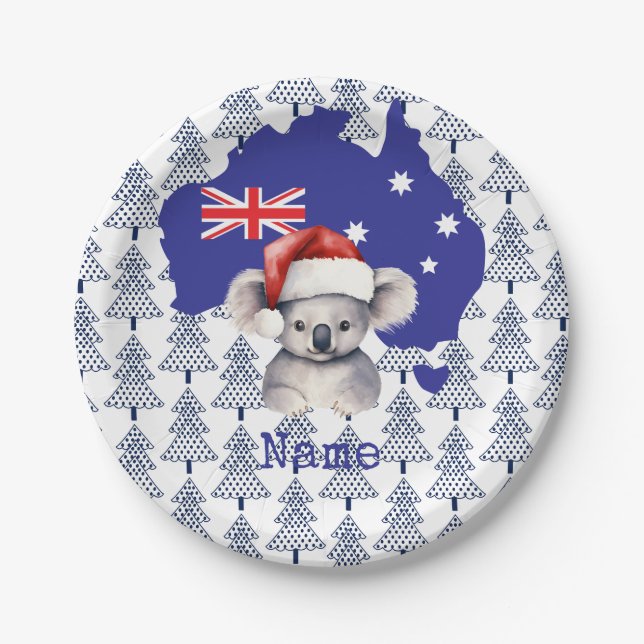 Koala-Bär auf australischer Flagge und Weihnachtsb Pappteller (Vorderseite)