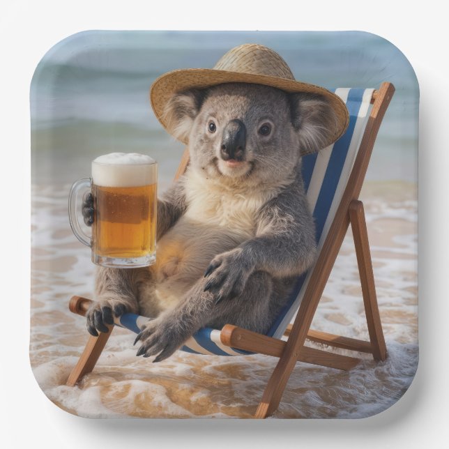 Koala-Bär mit einem Bier am Strand Pappteller (Vorderseite)