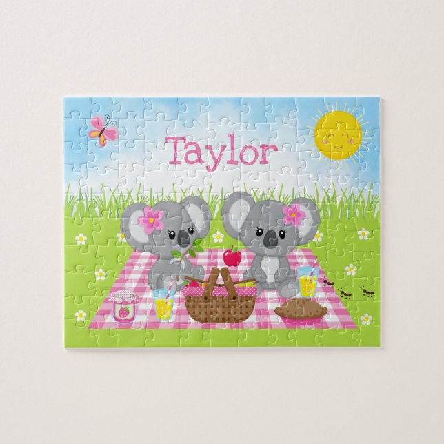 Koala-Bär-Picknick-Mädchen Rosa Gingham Puzzle (Horizontal)