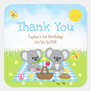 Koala Bären Picknick Geburtstag Blau Gingham Danke Quadratischer Aufkleber