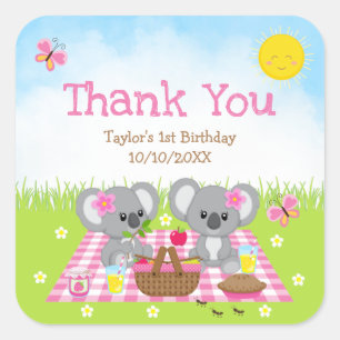 Koala Bären Picknick Geburtstag Rosa Gingham Danke Quadratischer Aufkleber
