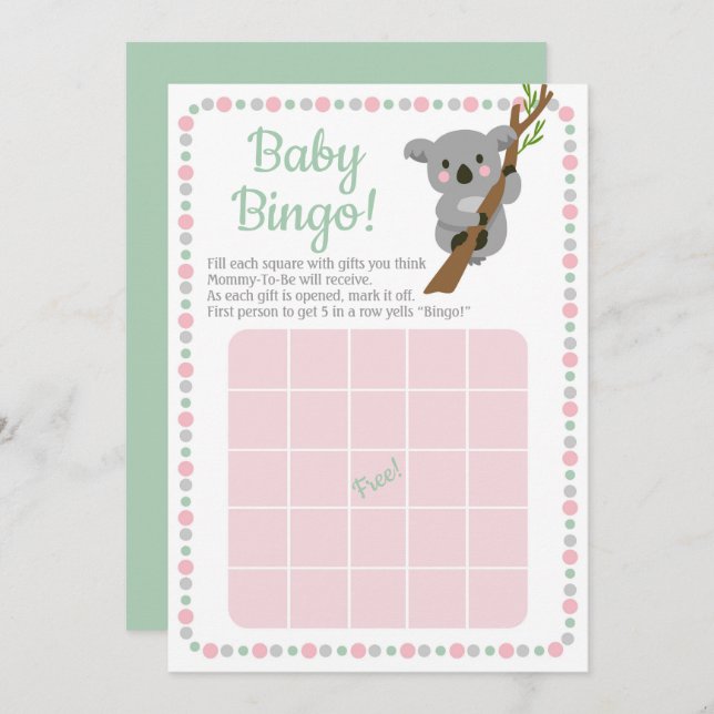 Koala Bear Baby Dusche Bingo Game Pink Girl Einladung (Vorne/Hinten)