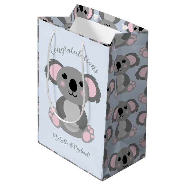 Koala Bear Baby Dusche Blue Mittlere Geschenktüte (Rückseite Schrägansicht)