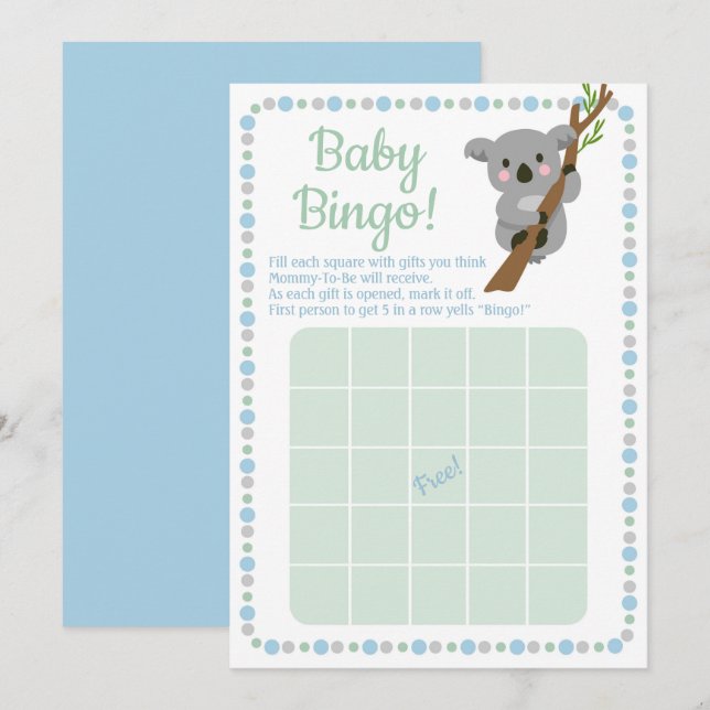 Koala Bear Baby Shower Bingo Game Blue Boy Einladung (Vorne/Hinten)