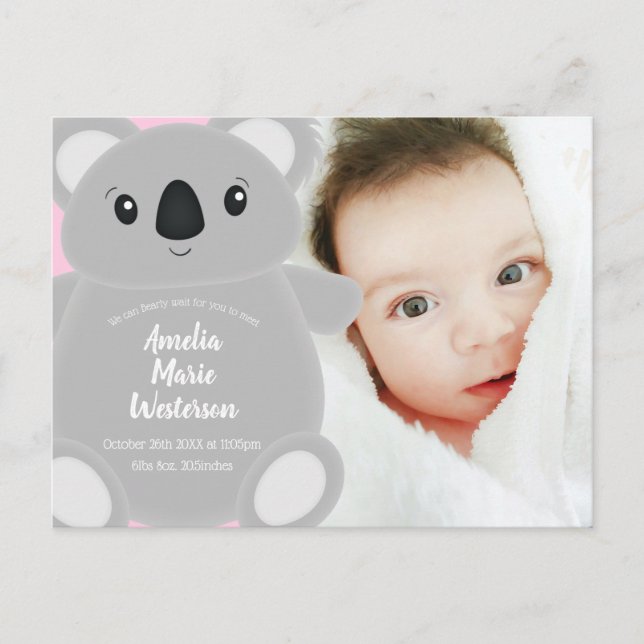 Koala Bear Baby Shower Girl Postkarte (Vorderseite)