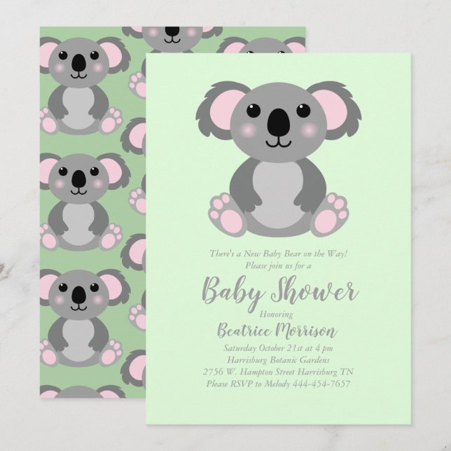 Koala Bear Baby Shower Green Gender Neutral Einladung (Vorne/Hinten)