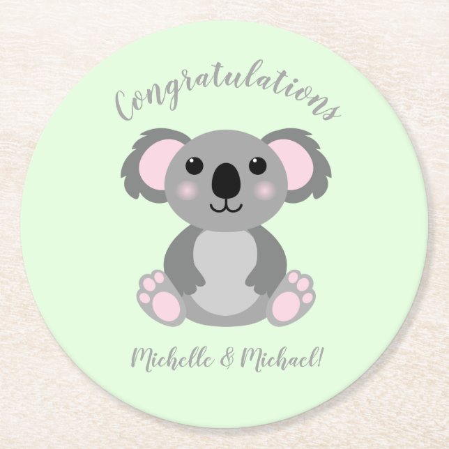 Koala Bear Baby Shower Green Gender Neutral Runder Pappuntersetzer (Vorderseite)