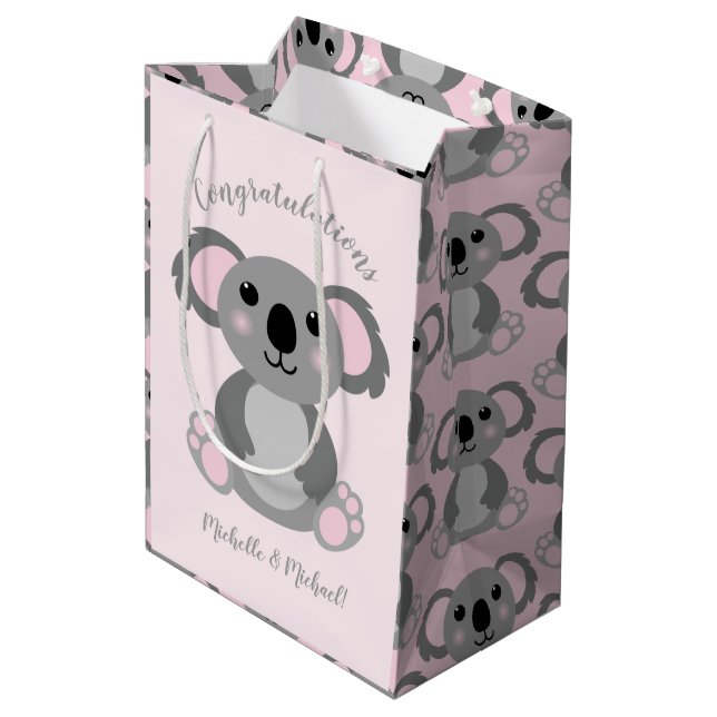 Koala Bear Baby Shower Pink Girl Mittlere Geschenktüte (Rückseite Schrägansicht)