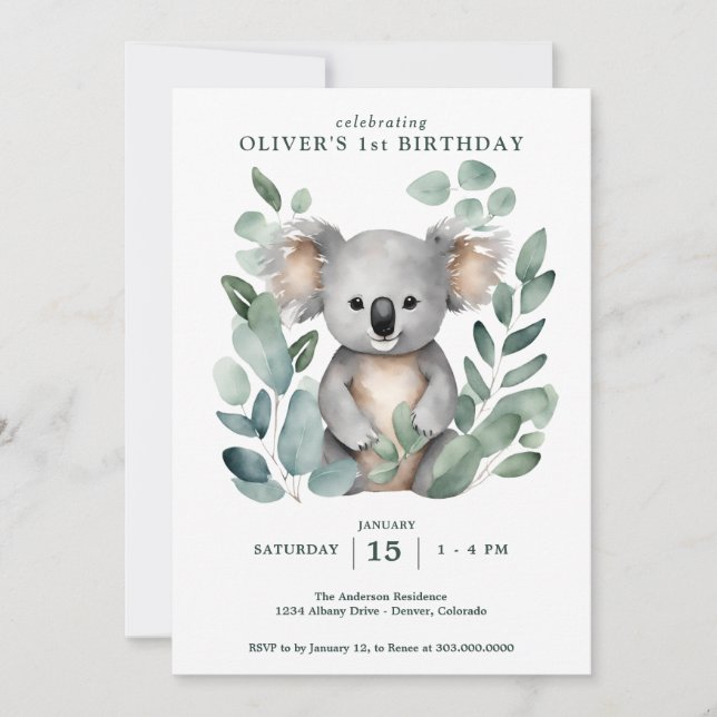 Koala Bear FIrst Birthday Einladung (Vorderseite)