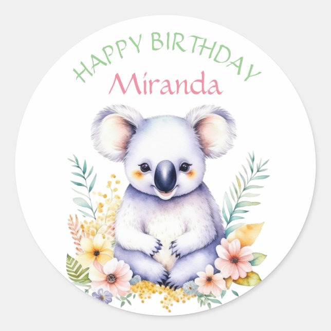 Koala Bear Themed Girl's Happy Birthday Runder Aufkleber (Vorderseite)