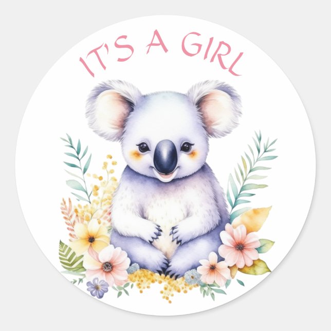 Koala Bear Themed It's a Girl Baby Shower Runder Aufkleber (Vorderseite)