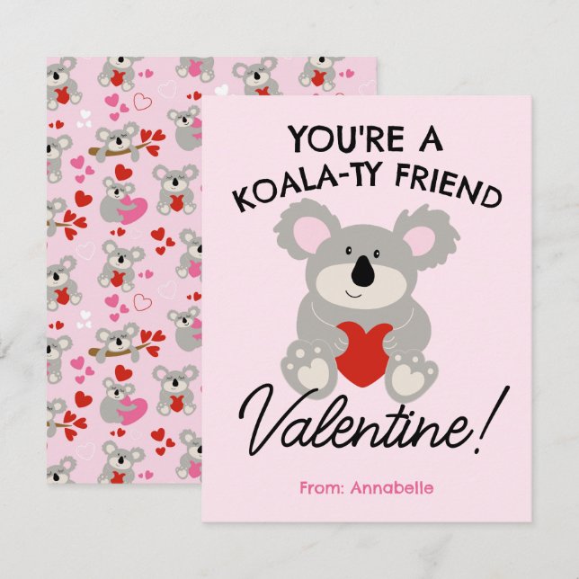 Koala Bear Valentine's Day School Card Mitteilungskarte (Vorne/Hinten)