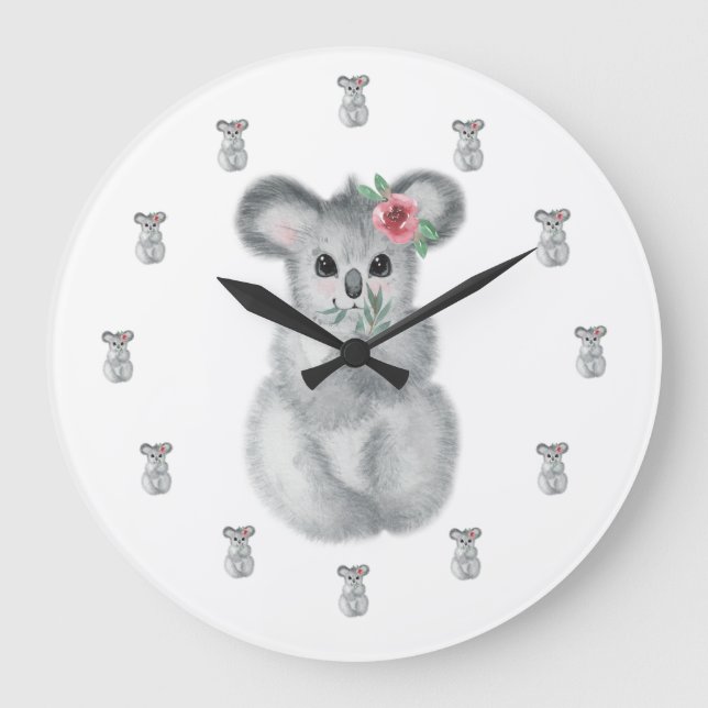 Koala Bear Watercolor Kinderzimmer Große Wanduhr (Vorderseite)