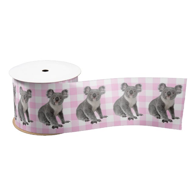 Koala Bears auf Rosa und Weiß Gingham Satinband (Spule)