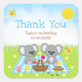 Koala Bears Picnic Birthday Blue Gingham Vielen Da Quadratischer Aufkleber