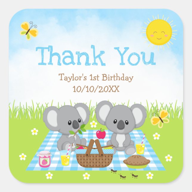 Koala Bears Picnic Birthday Blue Gingham Vielen Da Quadratischer Aufkleber (Vorderseite)
