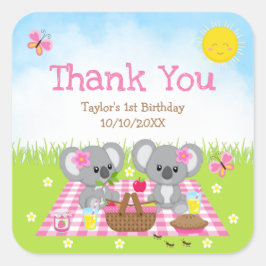 Koala Bears Picnic Birthday Pink Gingham Vielen Da Quadratischer Aufkleber