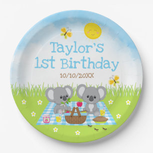 Koala Bears Picnic Blue Gingham Birthday Party Pappteller