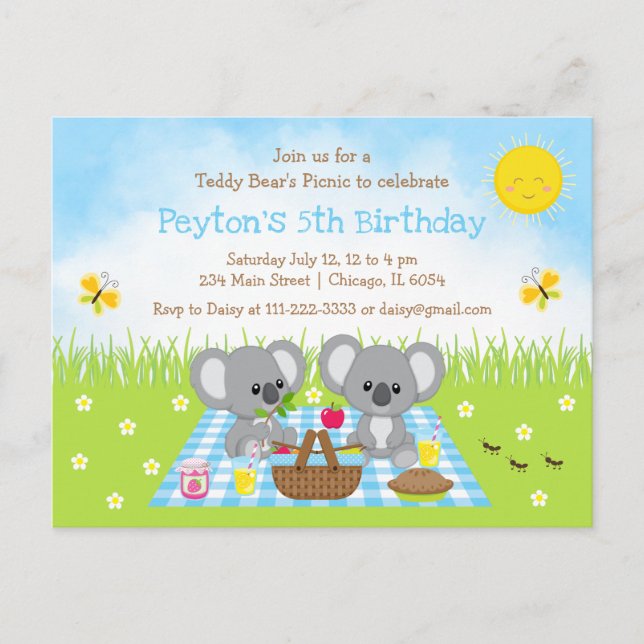 Koala Bear's Picnic Blue Gingham Birthday Postkarte (Vorderseite)