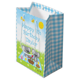 Koala Bears Picnic Blue Gingham Happy Birthday Mittlere Geschenktüte