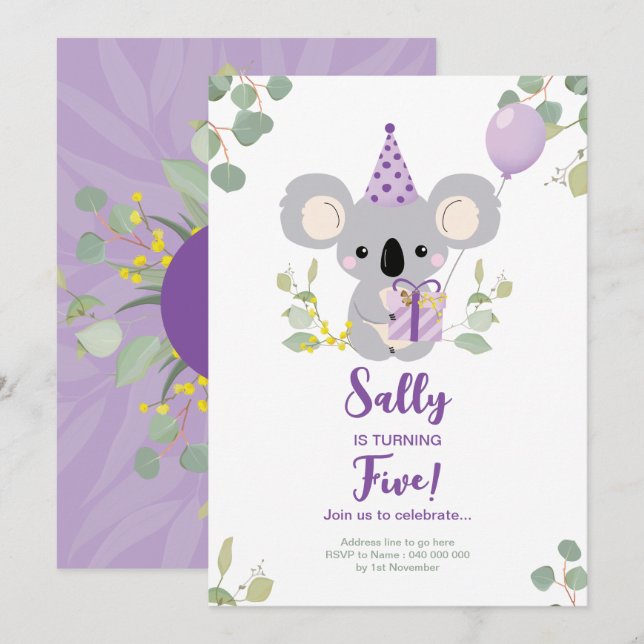 Koala Birthday Einladung (Vorne/Hinten)