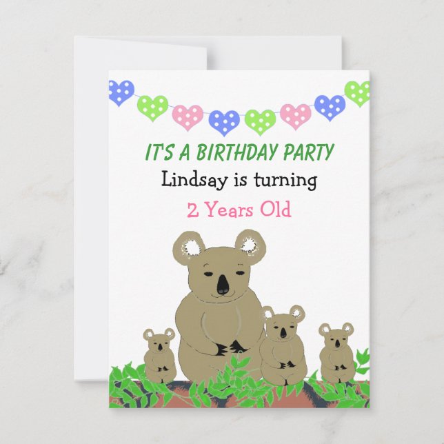 Koala Birthday Einladung (Vorderseite)