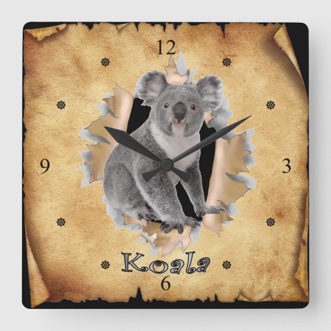 Koala bricht durch Papiertaschenzüge! ~ Quadratische Wanduhr (Vorderseite)