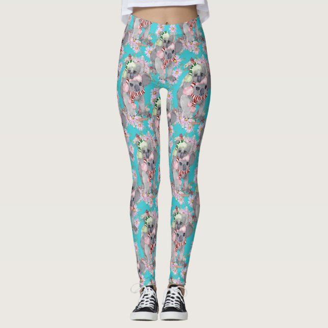 Koala Christmas Botanical Vintag Blue Leggings (Vorderseite)