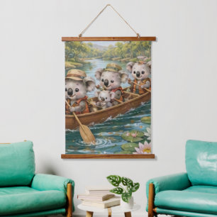 Koala-Familie, die auf einem friedlichen Fluss mit Wandteppich Mit Holzrahmen